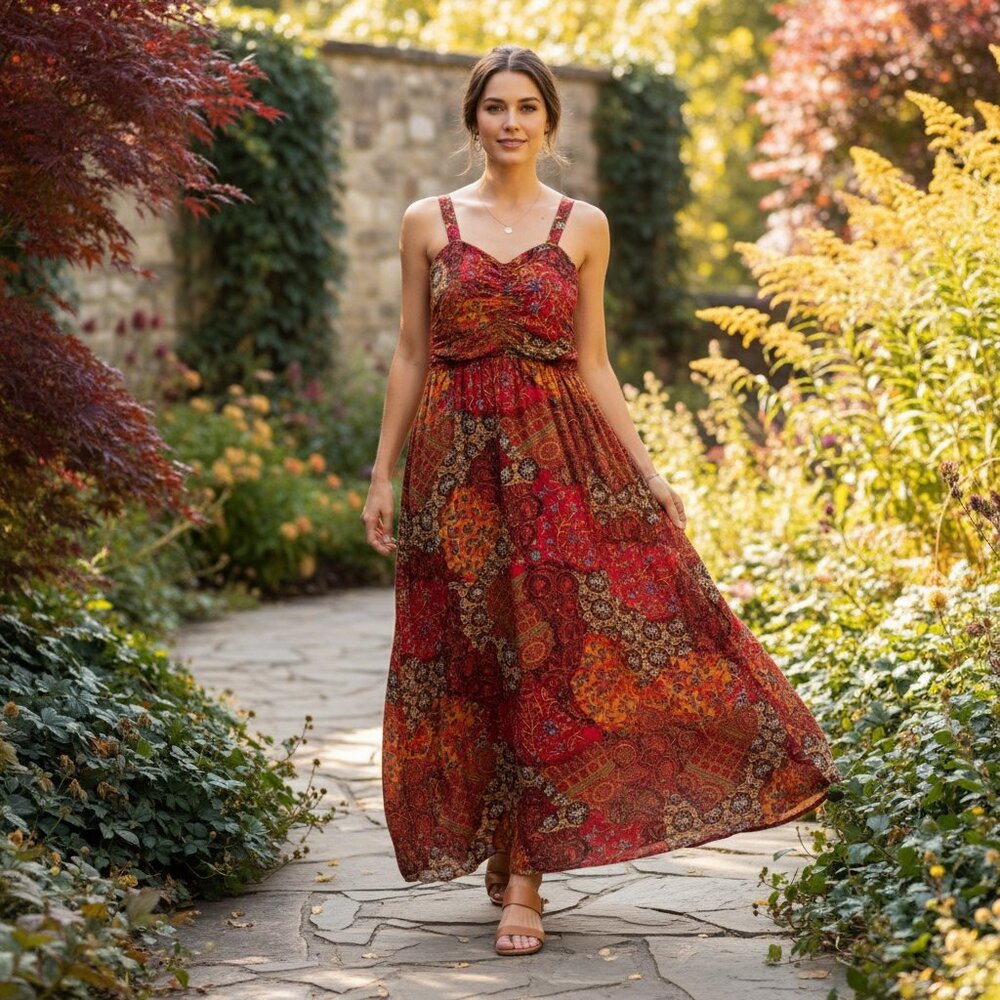 American Rag Cie Boho Maxi Dress Size L – Tandoori Spices Print